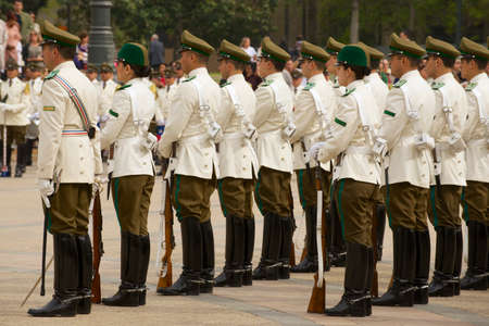 Santiago, Chile - October 18, 2013 : Military of the Carabineros band attend changing guard ceremony...