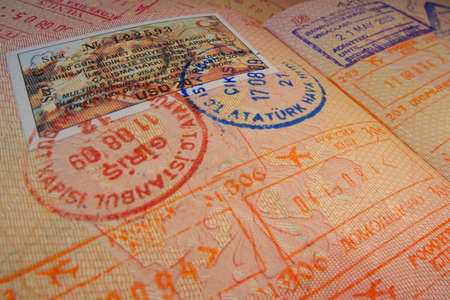Passport page with Turkey visa and immigration control stamps.のeditorial素材