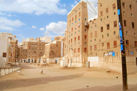 Shibam, Yemen, September 12, 2006 - Goats run by an empty  street of Shibam town in Shibam, Yemen. Shibam town is declared a UNESCO World Heritage site.のeditorial素材