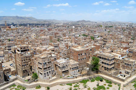 Sanaa, Yemen - September 09, 2006 : Aerial view of the Sanaa city in Sanaa, Yemen. The old city of Sanaa is declared a UNESCO World heritage site.のeditorial素材