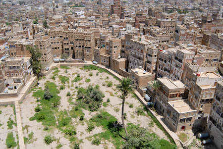 Sanaa, Yemen - September 09, 2006 : Aerial view of the Sanaa city in Sanaa, Yemen. The old city of Sanaa is declared a UNESCO World heritage site.のeditorial素材