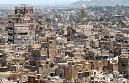 Sanaa, Yemen - September 09, 2006 : Aerial view of the Sanaa city in Sanaa, Yemen. The old city of Sanaa is declared a UNESCO World heritage site.のeditorial素材