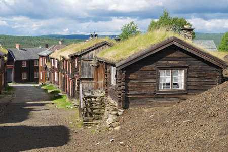 Traditional houses of the copper mines town of Roros, Norway. Roros town is declared a UNESCO World Heritage site.の写真素材