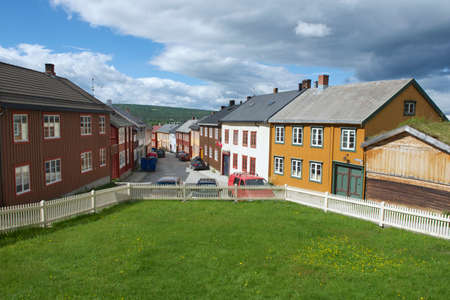 Roros, Norway - June 24, 2013 : Exterior of the traditional houses of the copper mines town of Roros in Roros, Norway. Roros town is declared a UNESCO World Heritage site.のeditorial素材