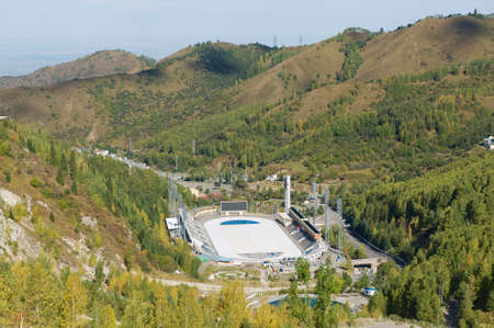Almaty, Kazakhstan - September 17, 2011 : Aerial view of the Medeo stadium in Almaty, Kazakhstan. Medeo stadium and skating rink is the highest located in the world - 1691 m. above sea level.のeditorial素材