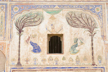 Mandawa, India - March 31, 2007 : Exterior wall paining detail of the haveli in Mandawa, India....