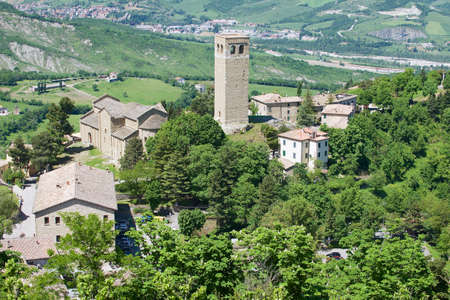 San Leo, Italy - May 14, 2013 : Exterior of the medieval basilica of San Leo in San Leo, Italy.
