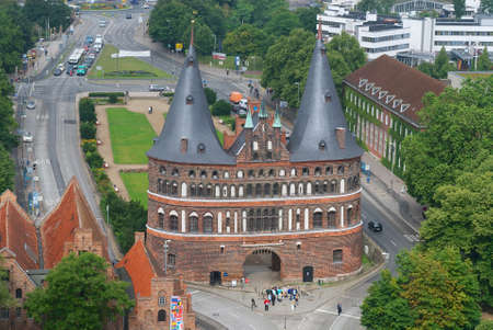Lubeck, Germany - July 18, 2008 : Aerial view to the Holstentor city gate in Lubeck, Germany.