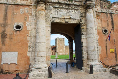 Santo Domingo, Dominican Republic - November 07, 2012 : Exterior of the entrance gate to the Ozama Fortress in Santo Domingo, Dominican Republic. UINESCO World Heritage site.のeditorial素材
