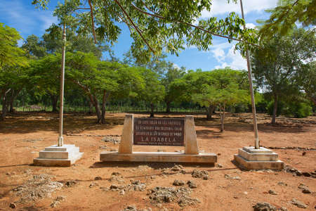 Puerto Plata, Dominican Republic - November 03, 2012 : Memorial plaque at the ruins of La Isabella settlement in Puerto Plata, Dominican Republic. La Isabella was founded by Christopher Columbus in 1493.のeditorial素材