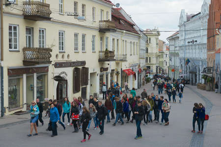 Vilnius Lithuania May 02 2015  Tourists walk by the street of the old town in Vilnius Lithuania.のeditorial素材