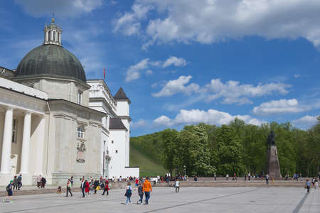 Vilnius Lithuania May 09 2015  People walk by the Cathedral square in Vilnius Lithuania.のeditorial素材