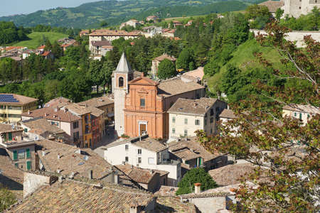 Pennabilli, Italy - May 14, 2013: View to the central square of the medieval town of Pennabilli,...