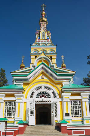 Almaty, Kazakhstan - September 15, 2011: Exterior of the Ascension Cathedral in Almaty, Kazakhstan. Cathedral, completed in 1907, is the second tallest wooden building in the world.のeditorial素材
