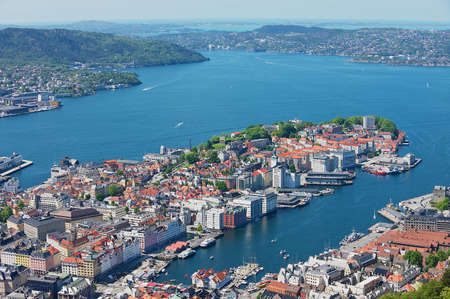Bergen, Norway - June 06, 2010: View to the buildings and harbor from Floyen hill in Bergen, Norway.のeditorial素材