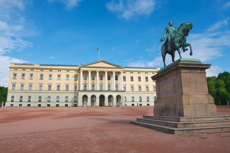 View to the Royal palace with statue of King Karl Johan at the foreground in Oslo, Norway.のeditorial素材