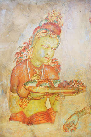 Sigiriya, Sri Lanka - May 20, 2011: Exterior of the ancient paintings at Sigiriya rock in Sigiriya, Sri Lanka. Sigiriya is a UNESCO World Heritage Site.のeditorial素材