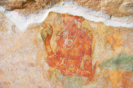 Sigiriya, Sri Lanka - May 20, 2011: Exterior of the damaged ancient paintings at Sigiriya rock in Sigiriya, Sri Lanka. Sigiriya is a UNESCO World Heritage Site.のeditorial素材