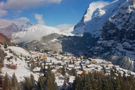 Murren, Switzerland - December 08, 2009: View to the Murren village from the cable car gondola on the way to Schilthorn in Murren, Switzerland.のeditorial素材