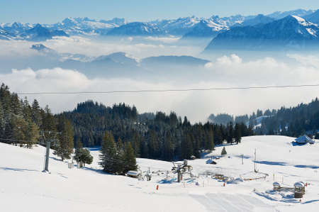 Lucern, Switzerland - February 21, 2012: View to the ski slope at the Pilatus mountain in Lucern, Switzerland.のeditorial素材