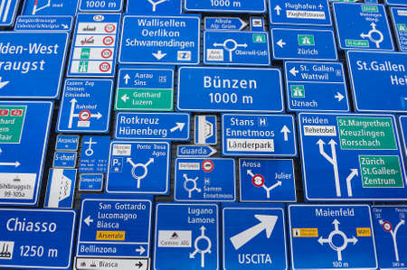Lucerne, Switzerland - February 19, 2012: Display of the traffic signs at the exterior wall of the Swiss Museum of Transport in Lucerne, Switzerland. This museum exhibits all forms of transport.のeditorial素材