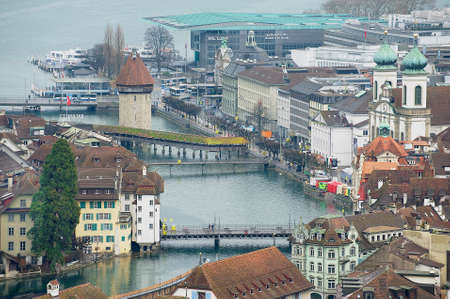 Lucerne, Switzerland - February 19, 2012: Aerial view to the historical part of the Lucerne city, Switzerland.のeditorial素材