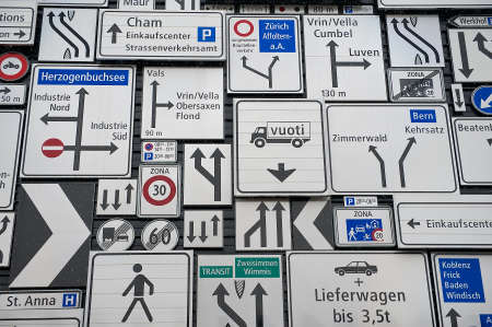 Lucerne, Switzerland - February 19, 2012: Display of the traffic signs at the exterior wall of the Swiss Museum of Transport in Lucerne, Switzerland. This museum exhibits all forms of transport.のeditorial素材
