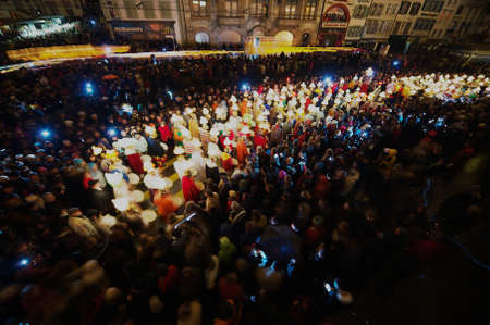 Basel, Switzerland, March 02, 2009 - People take part in Morgestraich - Carnival opening in Basel, Switzerland. Long exposure.のeditorial素材