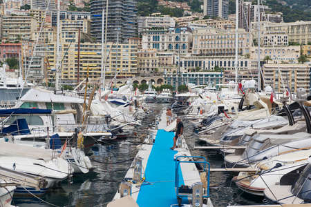 MONACO, MONACO - JUNE 06, 2015: View to the boats tied in the Monte Carlo harbour, Monaco.
