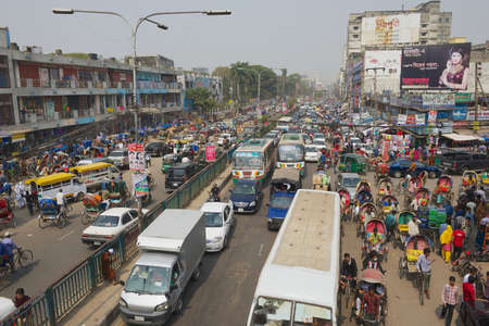Dhaka, Bangladesh - February 22, 2014: Traffic jam at the central part of the city in Dhaka, Bangladesh. Dhaka is one of the most overpopulated cities in the world.のeditorial素材