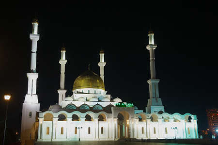 Astana, Kazakhstan - September 26, 2011: Nur Astana mosque at night in Astana, Kazakhstan. This mosque is the second largest in Kazakhstan.のeditorial素材