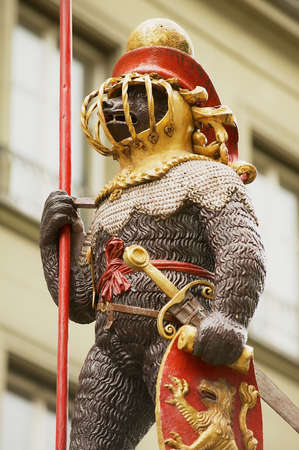s, 2012: Exterior detail of the Zahringerbrunnen statue - Warrior Bear Fountain in Bern, Switzerland.のeditorial素材