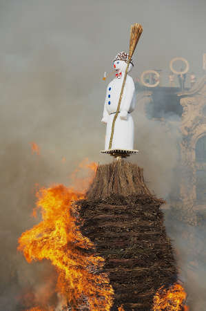 Zurich, Switzerland - April 11, 2011: Snowman being burned during the Sechselauten traditional...