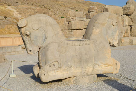 Persepolis, Iran - June 19, 2007: Exterior of the double-headed horse sculpture at the archaeological site in Persepolis, Iran.のeditorial素材