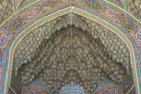Shiraz, Iran - June 20, 2007: Beautiful old mosaic decorates exterior wall of the Nasir al-Mulk mosque in Shiraz, Iran.のeditorial素材