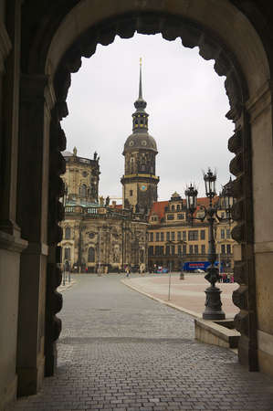 Dresden, Germany - May 22, 2010: View to the clock tower of the Royal Palace building in Dresden, Germany.のeditorial素材