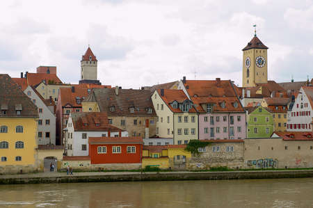 Regensburg, Germany - September 03, 2010: View to the historical buildings of the city across the Danube river in Regensbusg, Germany. Medieval center of the city is a UNESCO World Heritage site.のeditorial素材