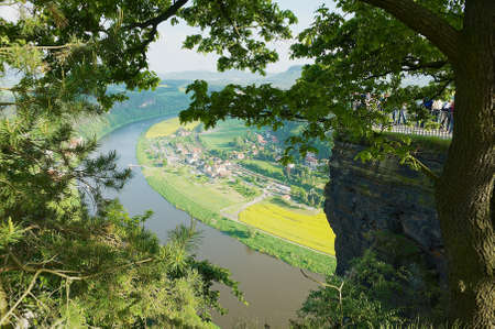 Rathen, Germany - May 23, 2010: Panoramic view to Elbe river and Saxon Switzerland from Bastei view point in Rathen, Germany.のeditorial素材