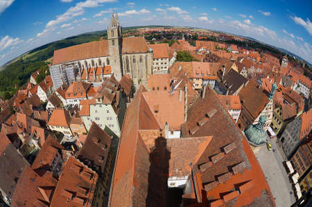 Rothenburg Ob Der Tauber, Gemany - September 06, 2010: Aerial view of the town from the Town Hall Tower in Rothenburg Ob Der Tauber, Germany. Filmed with fish-eye lens.のeditorial素材