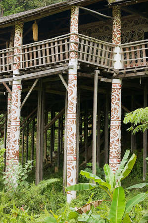 Kuching, Malaysia - August 26, 2009: Exterior detail of the typical Orang Ulu tribal long house in the cultural village in Kuching, Malaysia.のeditorial素材