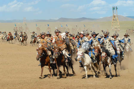 Ulaanbaatar, Mongolia, August 17, 2006 - Mongolian horse riders take part in the traditional historical show of Genghis Khan era in Ulaanbaatar, Mongolia.のeditorial素材