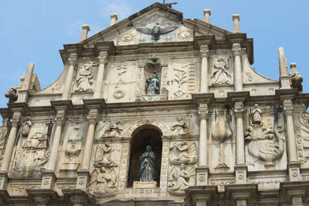 Macau, China - September 09, 2013: Exterior detail of the ruin of the facade of the St. Paul's catholic cathedral in Macau, China.のeditorial素材