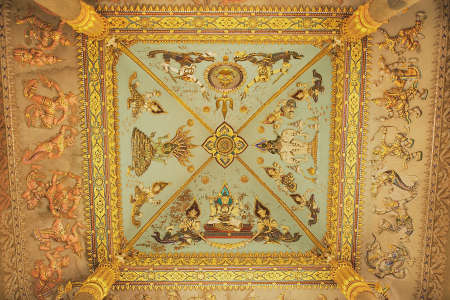 Vientiane, Laos - April 22, 2012: Rich ceiling decoration of the Patuxay Victory monument in Vientiane, Laos.のeditorial素材