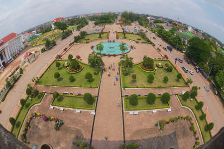 Vientiane, Laos - April 22, 2012: View to the Patuxay Park from the Victory monument in Vientiane, Laos.のeditorial素材