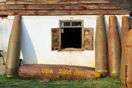 PHONSAVAN, LAOS - APRIL 19, 2012: American unexploded bombs collected after bombings of theのeditorial素材