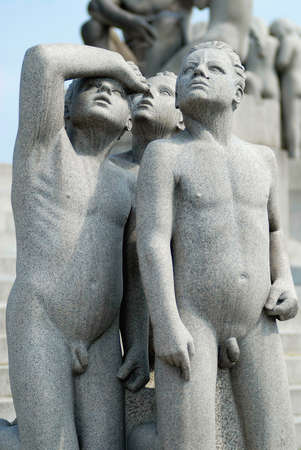 Oslo, Norway - July 06, 2006: Fragment of the granite sculpture made by the famous artist Gustav Vigeland in open air Frogner park in Oslo, Norway.のeditorial素材