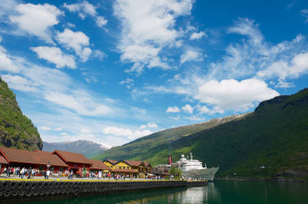 Flam, Norway - June 07, 2010: Boats tied at the Flam railway station pier in Flam, Norway.のeditorial素材