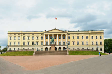 Oslo, Norway - June 08, 2010: Royal palace with thestate of King Karl Johan at the front in Oslo, Norway.のeditorial素材