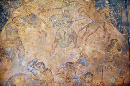 Zarqa, Jordan - August 23, 2012: Fragment of the mural and  ceiling decoration at an ancient Umayyad Desert Castle of Qasr Amra in Zarqa, Jordan.のeditorial素材