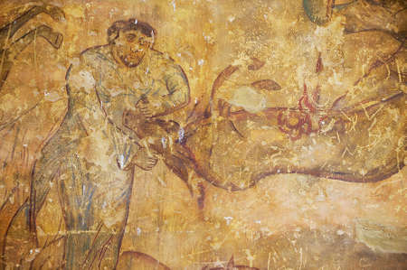 Zarqa, Jordan - August 23, 2012: Fragment of the mural ceiling decoration at an ancient Umayyad Desert Castle of Qasr Amra in Zarqa, Jordan.のeditorial素材